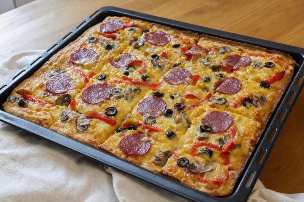 Hrk-hrk pizza so salámou, syrom a kukuricou