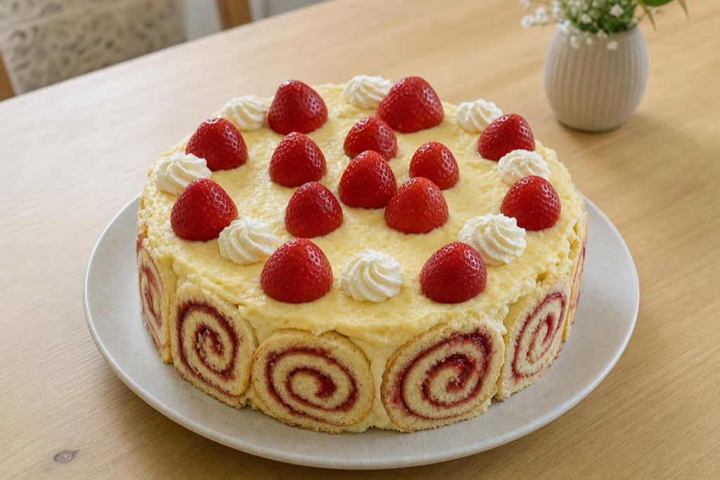 Jahodová torta s roládkami po obvode a vanilkovým krémom