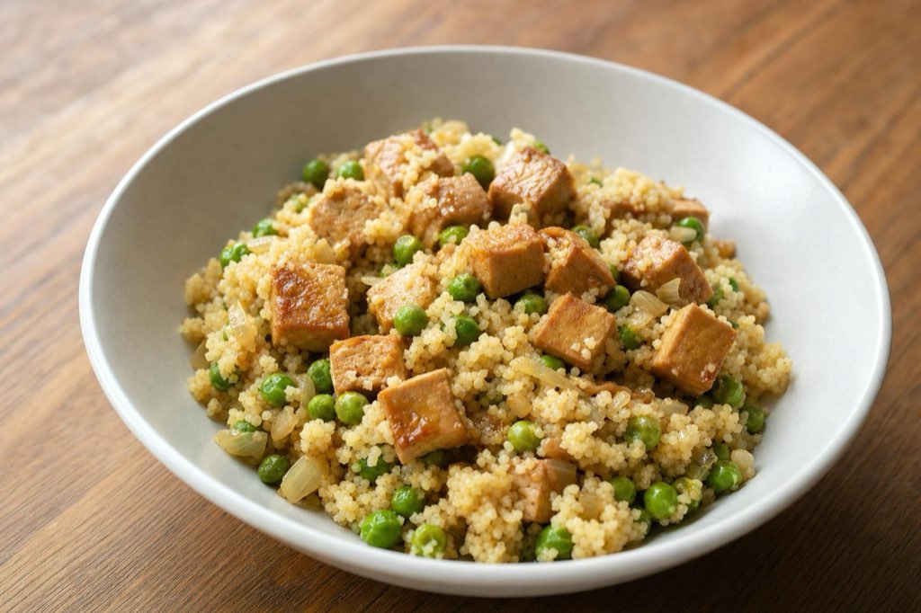 Spring couscous with peas and marinated tofu