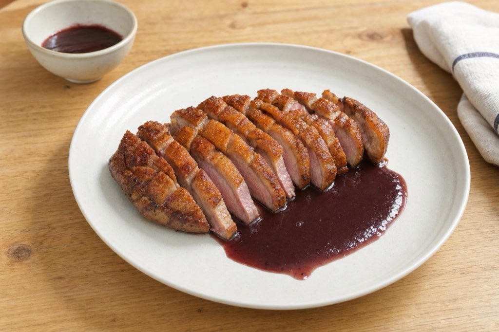 Crispy-skin duck breasts with red wine sauce