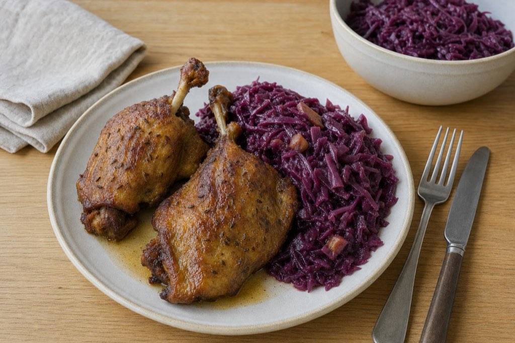 Roasted duck legs with red cabbage and apple