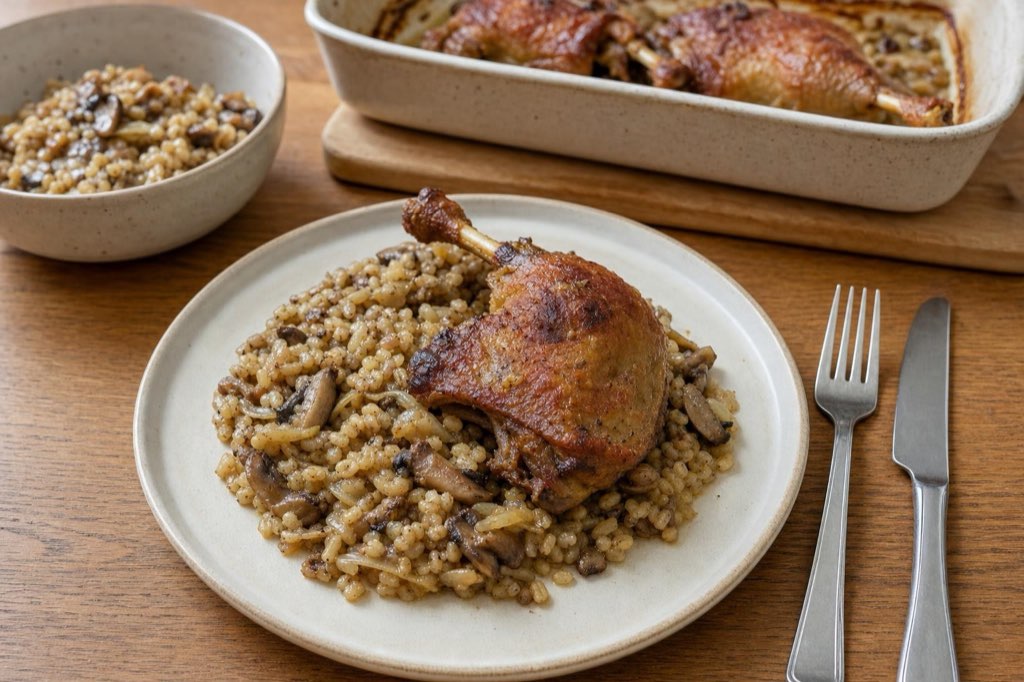 Roasted duck legs with barley and mushrooms