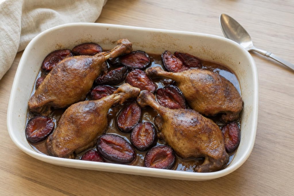 Roasted duck legs with plums and cinnamon