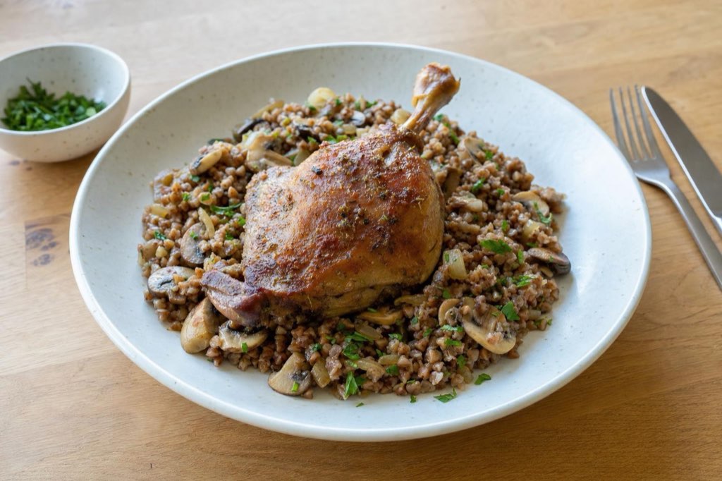 Roast duck legs with buckwheat and mushrooms