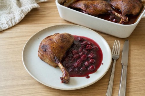 Slow-roasted duck legs with sour cherry sauce