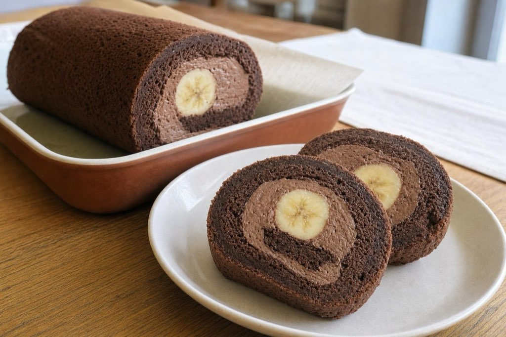 Banana cake roll with chocolate whipped cream