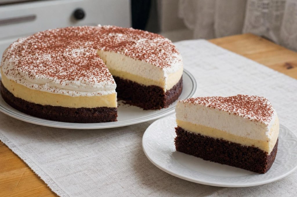 Cocoa cake with vanilla pudding and whipped cream