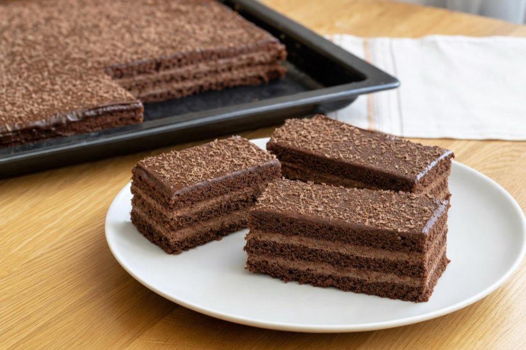 Chocolate layer cake bars with chocolate glaze