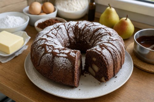 Chocolate pear Bundt cake with rum flavoring