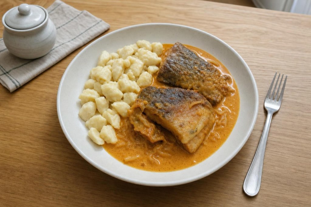 Carp with paprika, sour cream, and onions