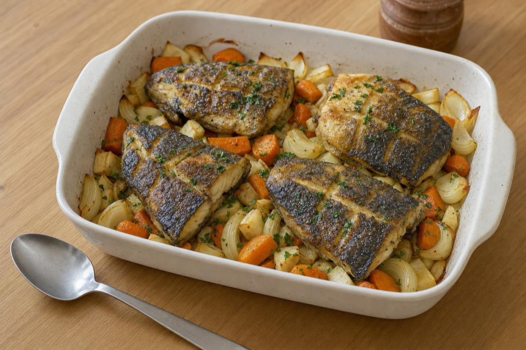 Baked carp with root vegetables and garlic