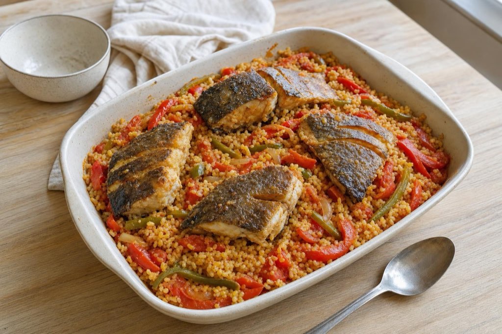 Baked carp with bulgur, peppers, and tomatoes
