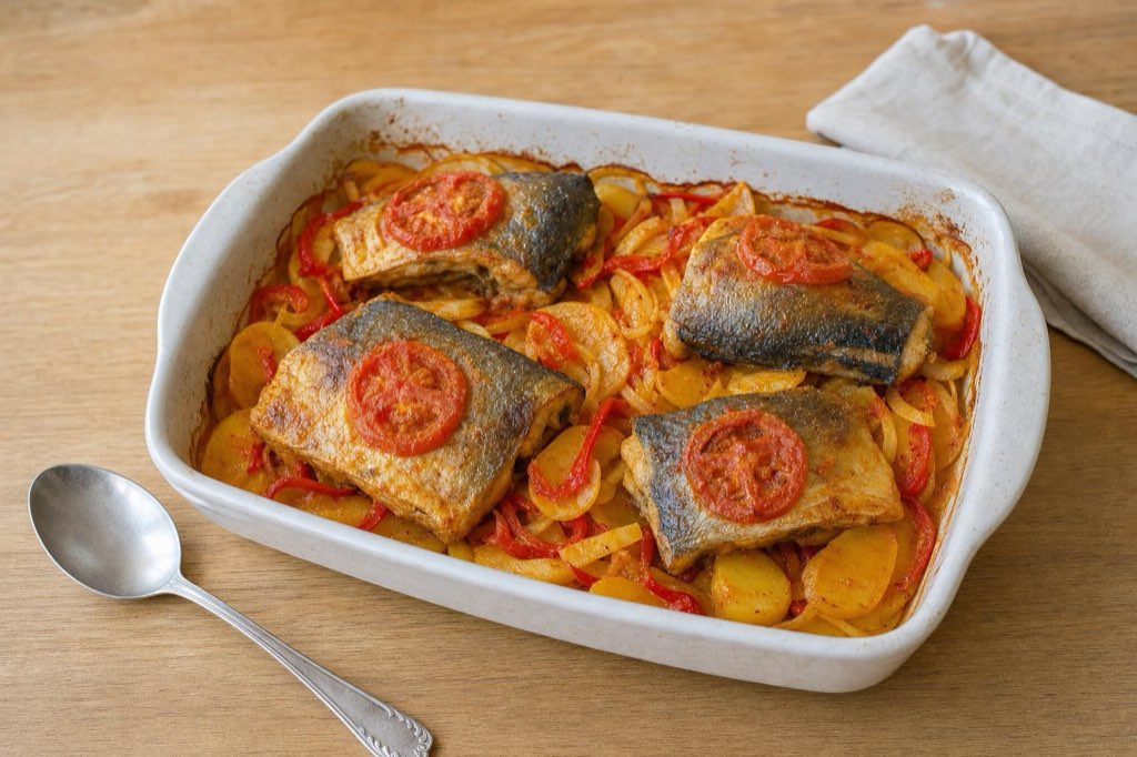 Serbian-style baked carp with potatoes and peppers