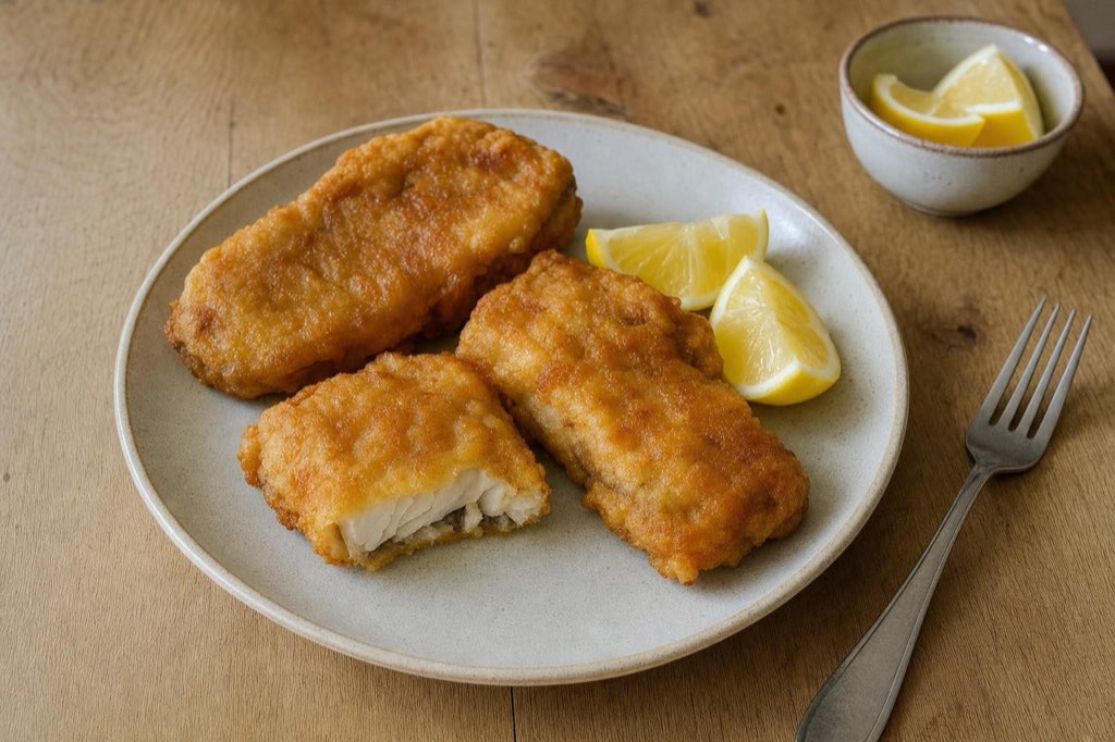 Crispy beer-battered carp portions