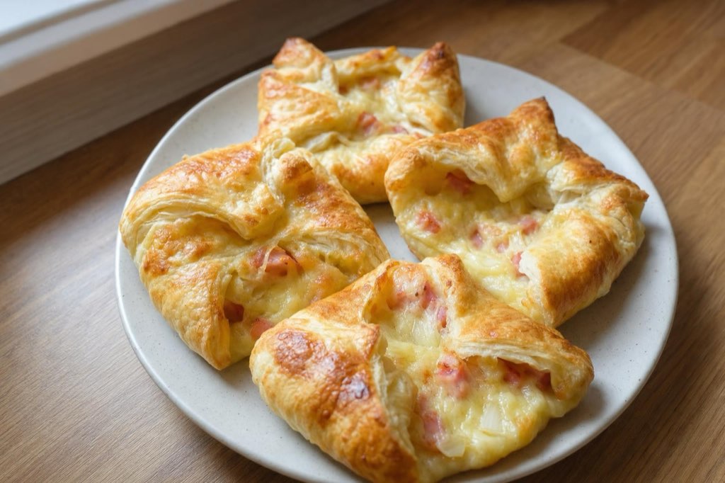 Kapsičky z lístkového cesta so šunkou, syrom a cibuľou