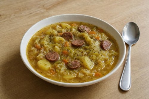 Savoy cabbage soup with sausage and potatoes