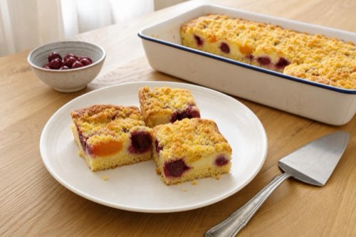 Sour cherry and apricot cake with vanilla pudding