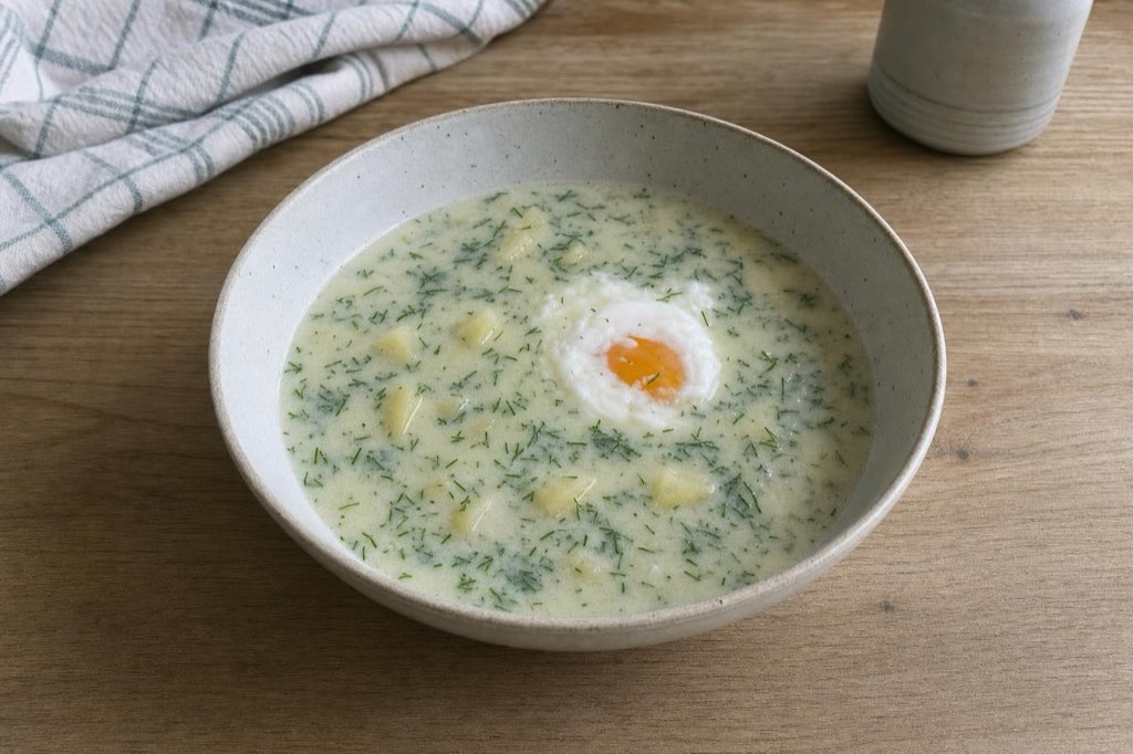 Tangy dill soup with poached eggs: add fresh dill after cooking