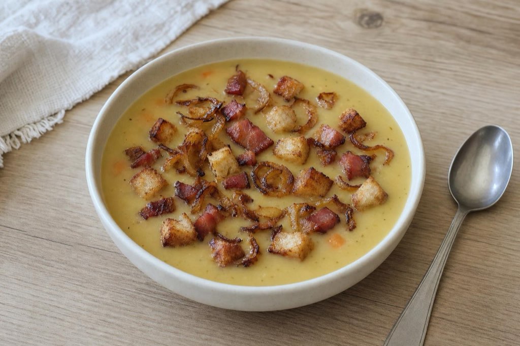 Creamy yellow pea soup with bacon and croutons