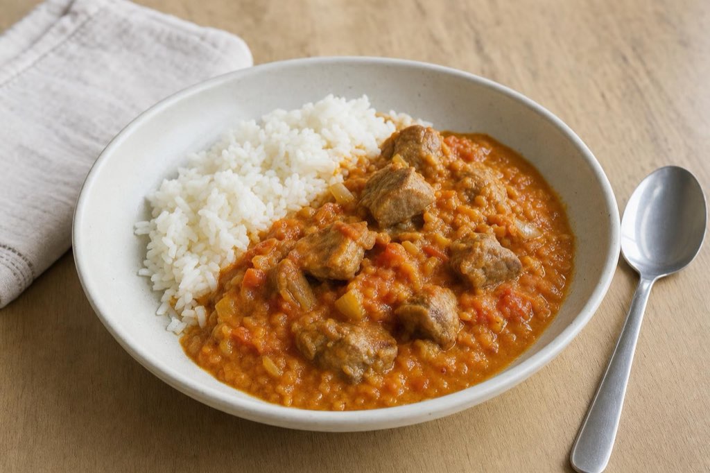 Pork neck curry with red lentils and coconut milk