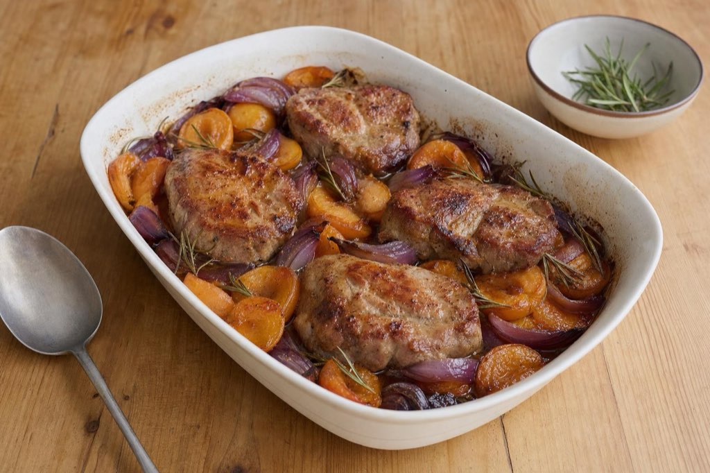 Roasted pork neck with apricots and rosemary
