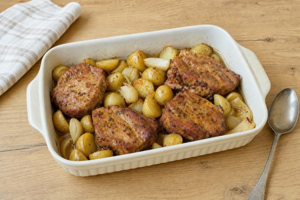 Roasted pork collar with new potatoes and onions