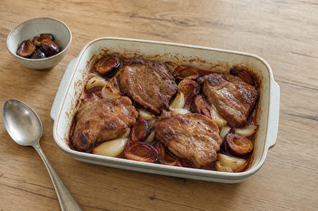Roasted pork collar with plums and onions