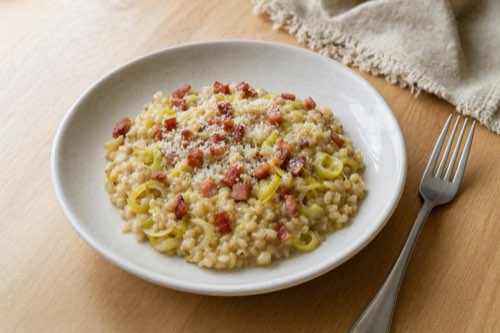 Barley risotto with leeks, bacon and Parmesan