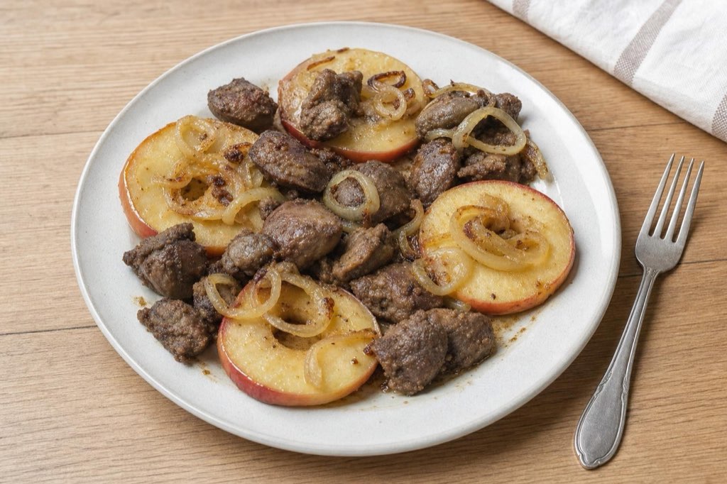Butter-fried chicken liver with apples and onion