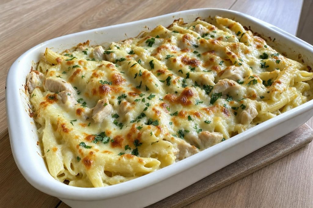 Kuracie cestoviny alfredo zapečené s mozzarellou