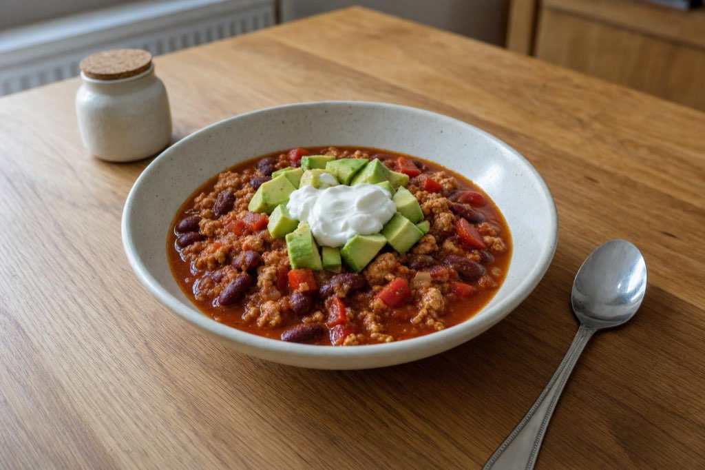Chicken chili with beans and avocado