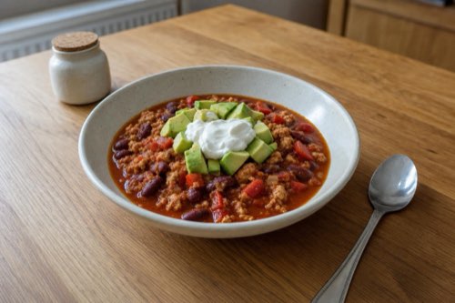 Chicken chili with beans and avocado