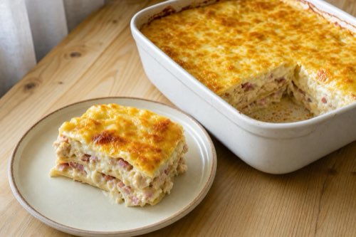 Chicken lasagna with ham, bacon and garlic sauce