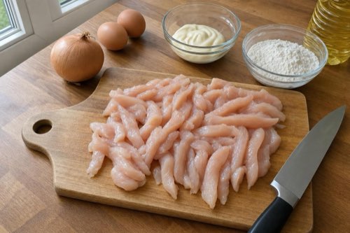 Chopped chicken fritters with mayo and onion