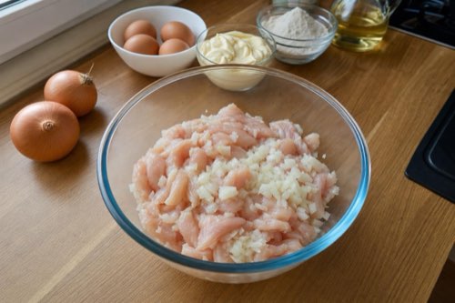 Chopped chicken fritters with mayo and onion