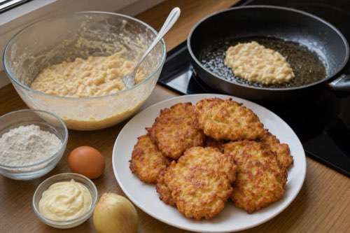 Chopped chicken fritters with mayo and onion