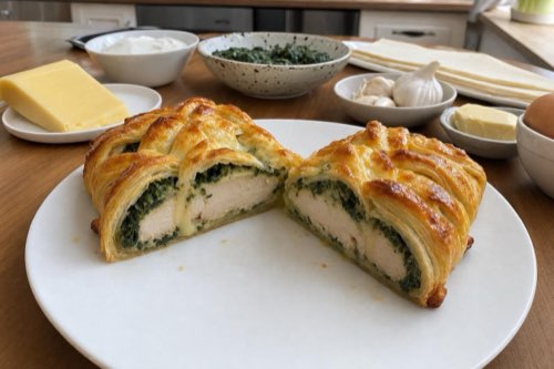 Spinach and cheese chicken breasts in puff pastry