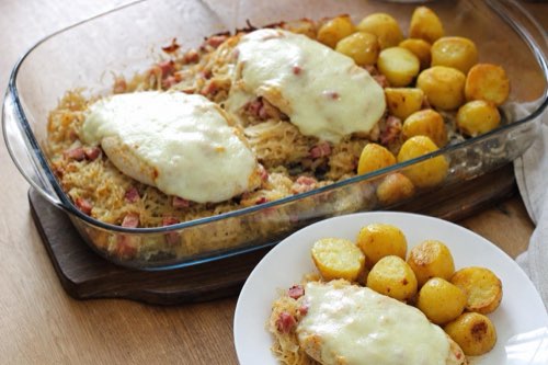 Baked chicken breasts with sauerkraut and new potatoes