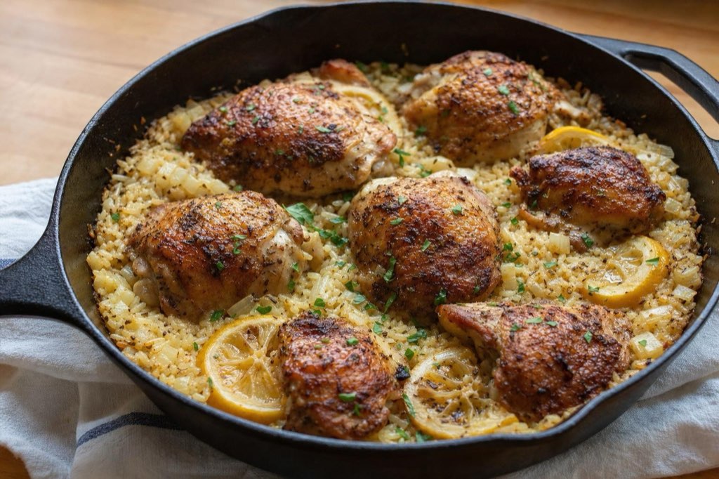 Greek-style chicken thighs with lemon rice