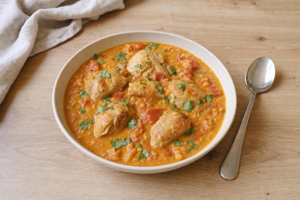 Chicken thigh curry with red lentils