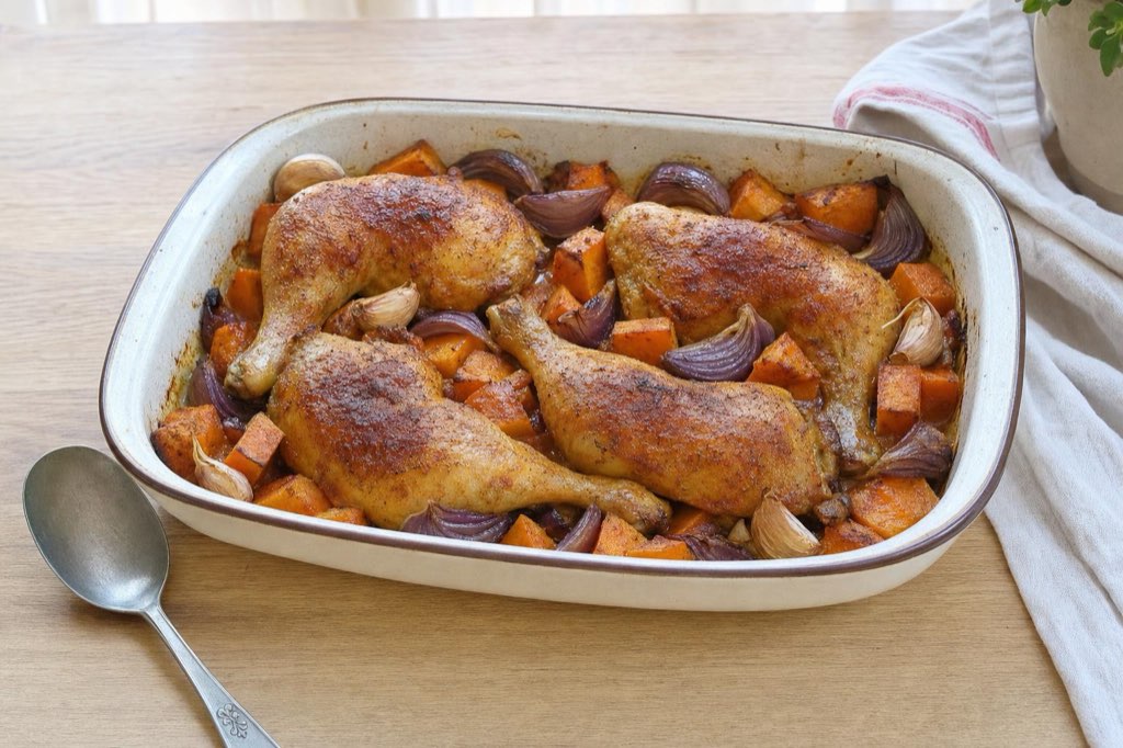 Sheet-pan chicken legs with sweet potatoes and red onion