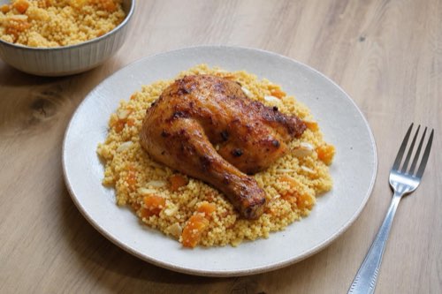 Chicken legs with apricot and almond couscous