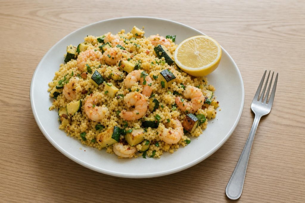 Couscous with shrimp, zucchini, and lemon