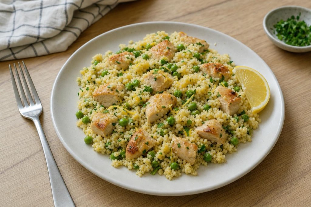 Chicken couscous with peas and lemon