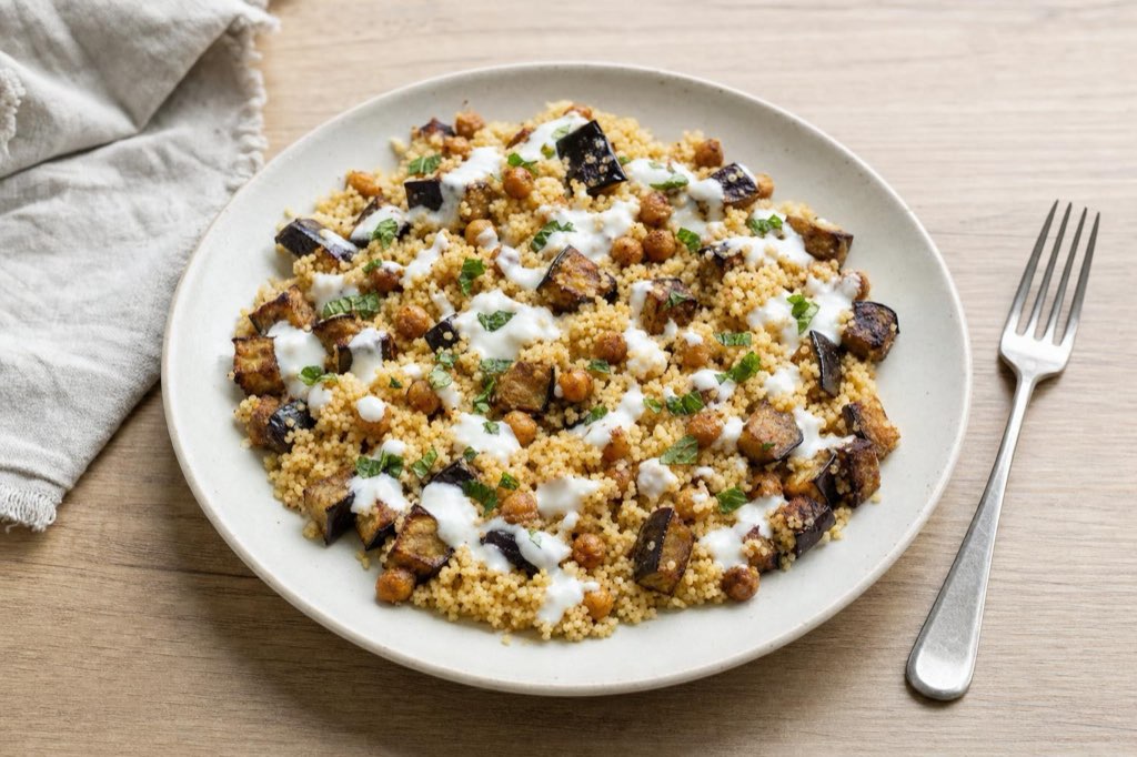 Couscous with roasted eggplant, chickpeas and yogurt
