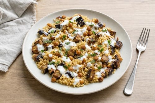 Couscous with roasted eggplant, chickpeas and yogurt