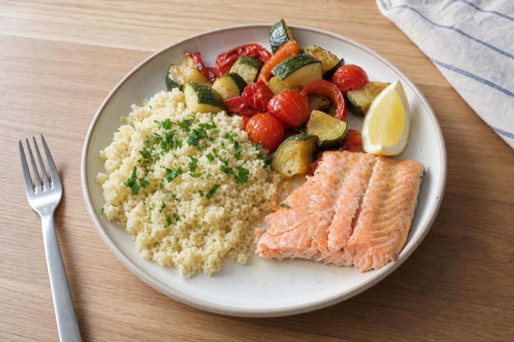 Salmon with couscous and roasted vegetables
