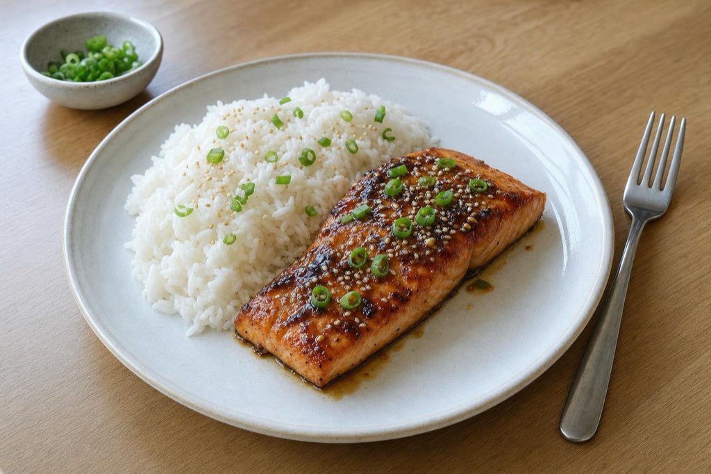 Teriyaki salmon with rice and sesame