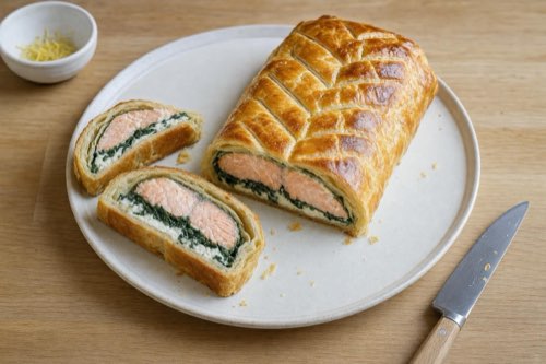 Salmon in puff pastry with spinach and cream cheese