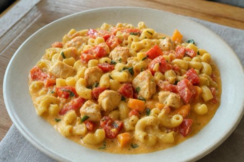 Creamy macaroni with chicken and bell peppers